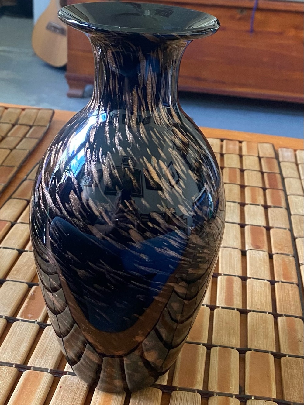 Murano Style Aventurine Black & Copper Art Glass Vase 9.5”